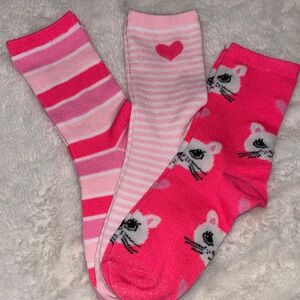 Girls Pink Kitty & Stripe Crew Socks - 3 Pack